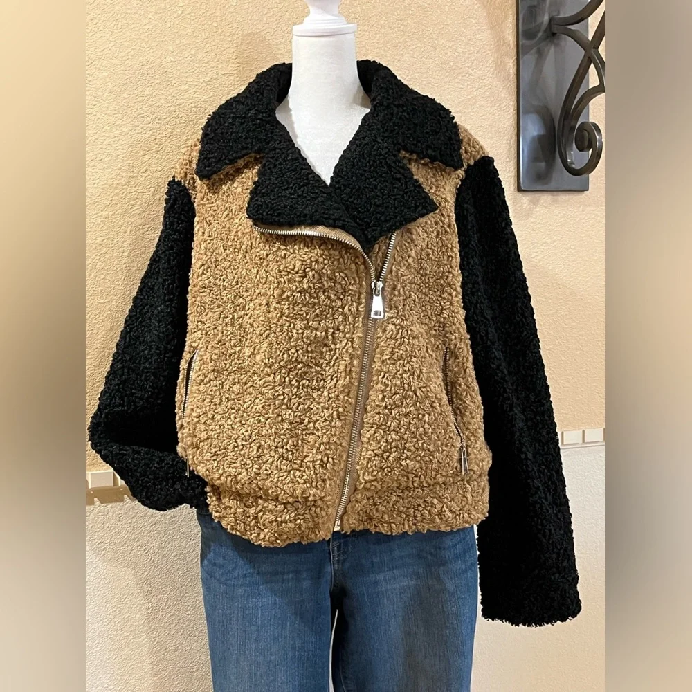 Nine West Sherpa bomber jacket in tan & black w/ asymmetrical zipper. XL - Picture 3 of 13